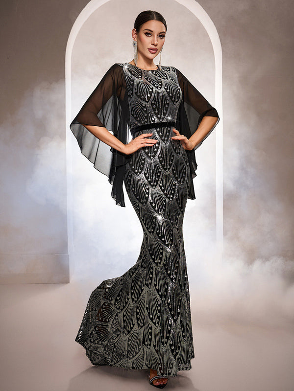 Luxury Long Sleeve Round Neck Sequin Mermaid Evening Dress
