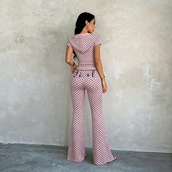 Polka Dot Short-Sleeve Zip-Up Pants Set for Summer Casual