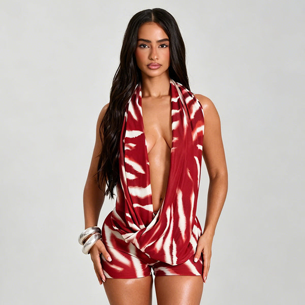 Printed Halter V-Neck Lace-Up Backless Top & Shorts Set for Spring & Summer