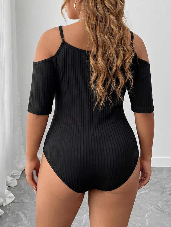 Plus Size Ribbed Elastic Strap Off-Shoulder Bodysuit for Casual Wear