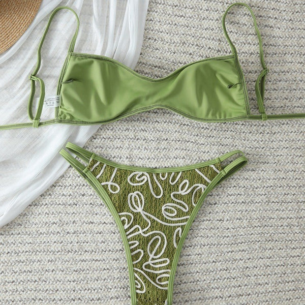 Olive Green Textured Adjustable Strap Two-Piece Bikini Swimsuit