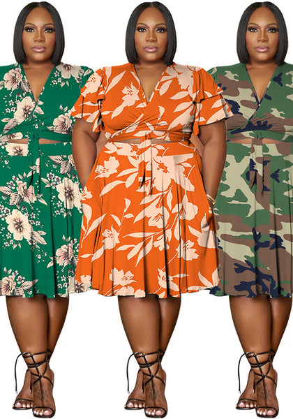 Women's Plus Size V-Neck Ruffle Sleeve Tie Pocket Skirt Set