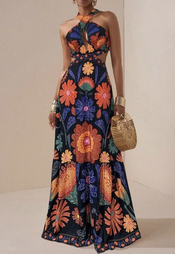 Printed Halter Bohemian Maxi Dress for Summer Vacations