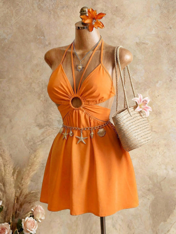 Low Back Halter Solid Color Dress for Beach Holidays