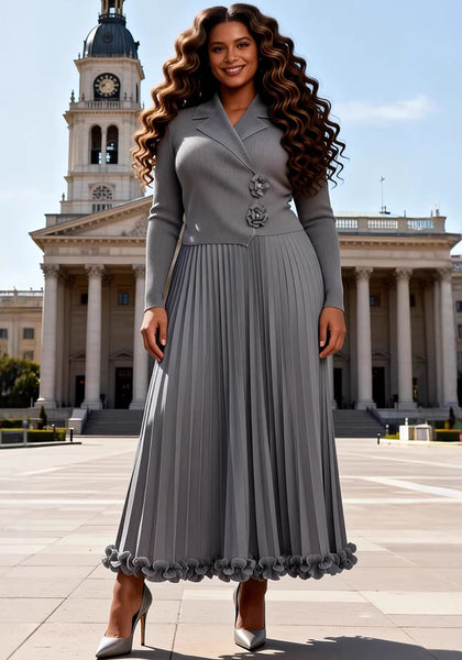 Plus Size African Women Pleated Ruffle Edge Dress