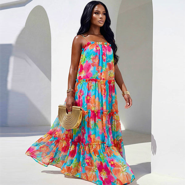 Ruffled Loose Printed Strap Dress for Summer Casual