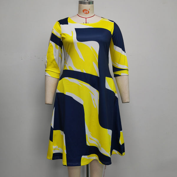 Plus Size African Round Neck Half-Sleeve Pocket Dress for Casual