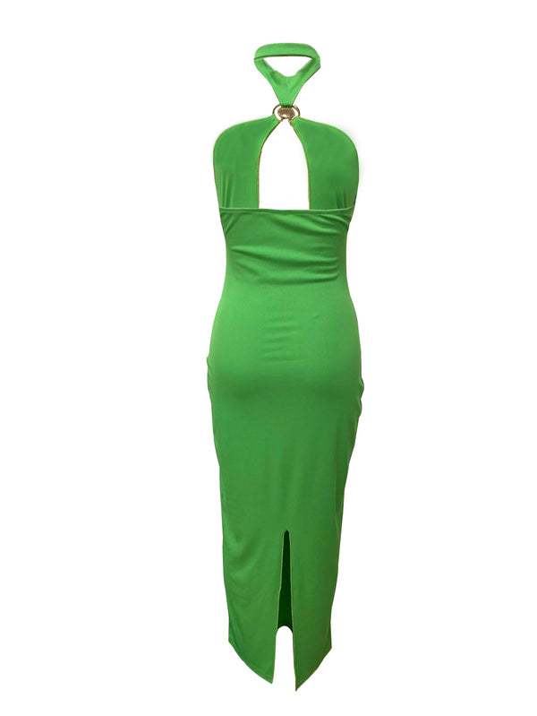 Solid Hollow-Out Halter Bodycon Dress for Club Nights