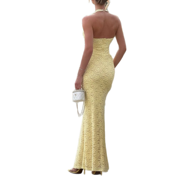 Halter See-Through Slim-Fit Lace Dress for Evening Events