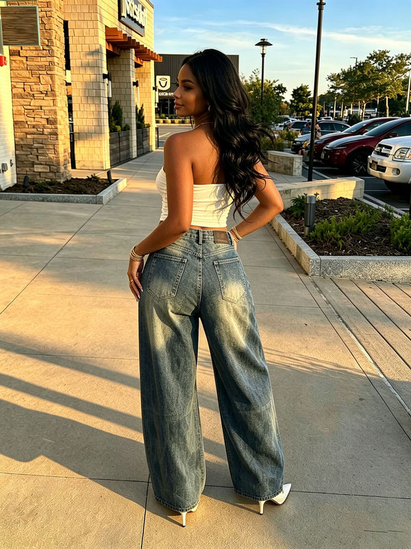 Ripped Wide-Leg Washed Denim Pants with Painted Pockets for Streetwear