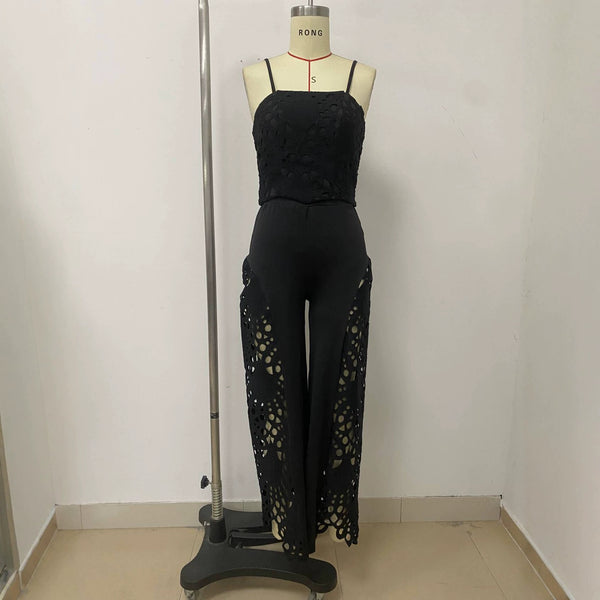 Black Lace Hollow-Out Embroidered Camisole Top & Wide-Leg Pants Set