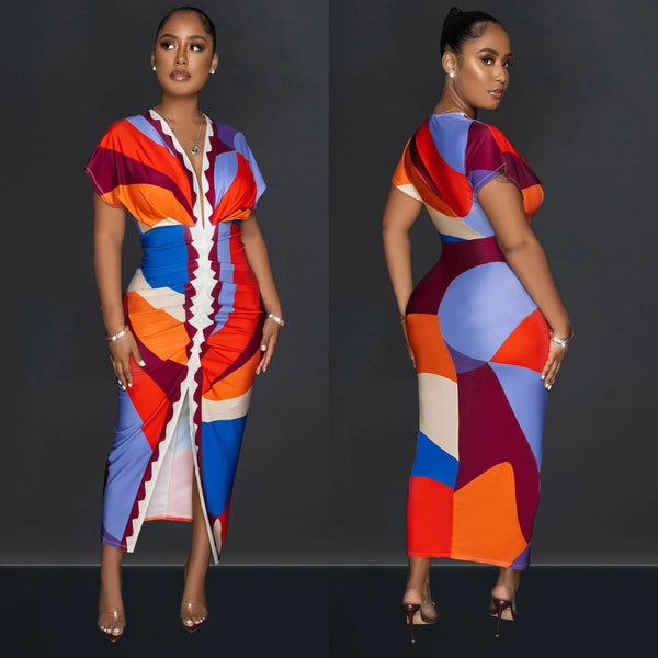 Women v-neck printed slit pleated dress