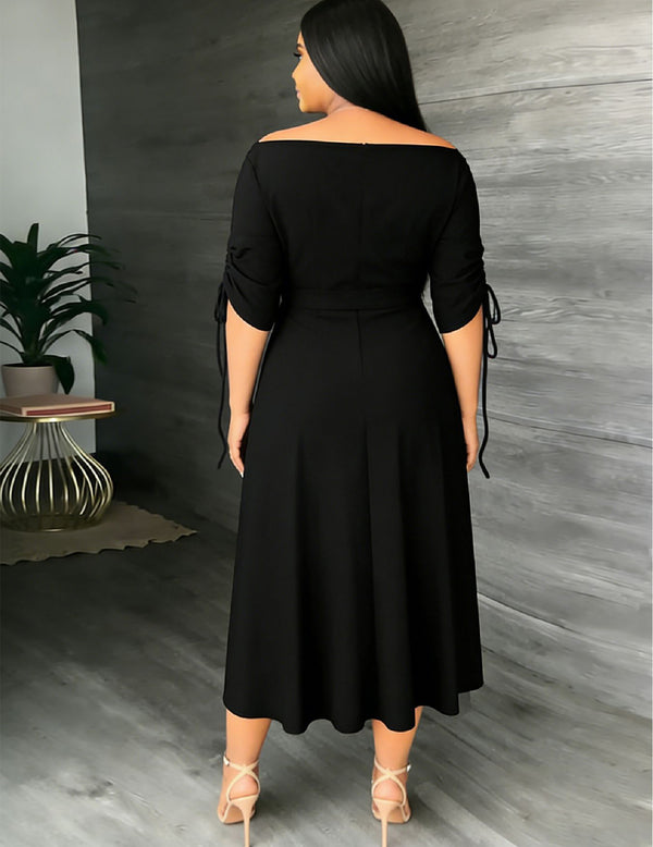 Off-Shoulder Lace-Up Slim Fit Half Sleeve A-Line Midi Dress