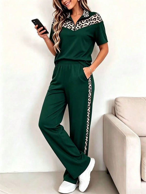 Leopard Print Turndown Collar Short Sleeve Top & Pocket Pants Set for Spring & Summer