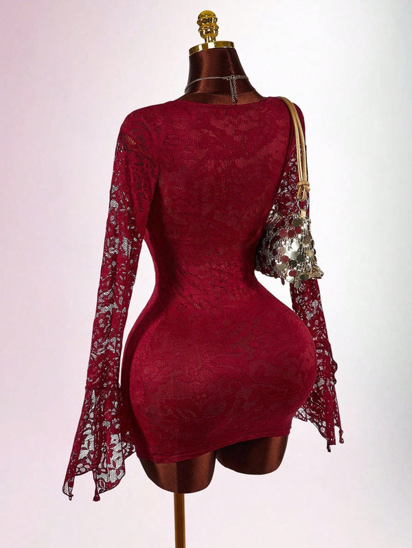 Lace See-Through Patchwork Metallic Bodycon Dress for Club Nights