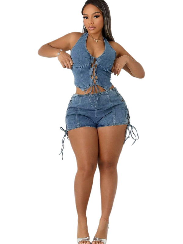 Halter Lace-Up Stretch Washed Denim Shorts Two-Piece Set for Casual Wear