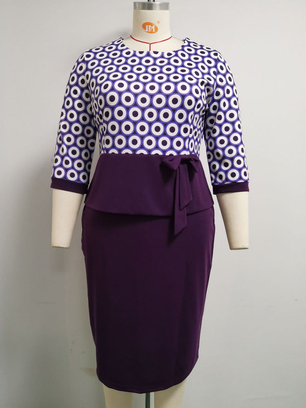 Plus Size African Round Neck Bow Printed Dress for Casual Wear
