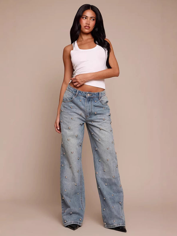 Women Beaded Washed Denim Trousers
