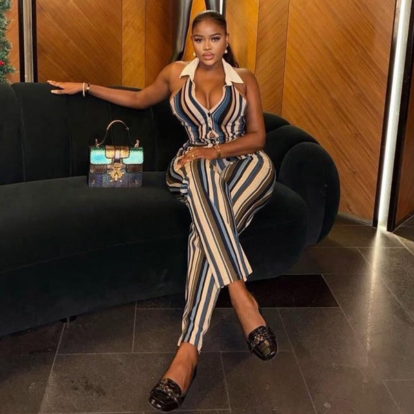 Striped V-Neck Button Printed Top & Slim Pants Two-Piece Set