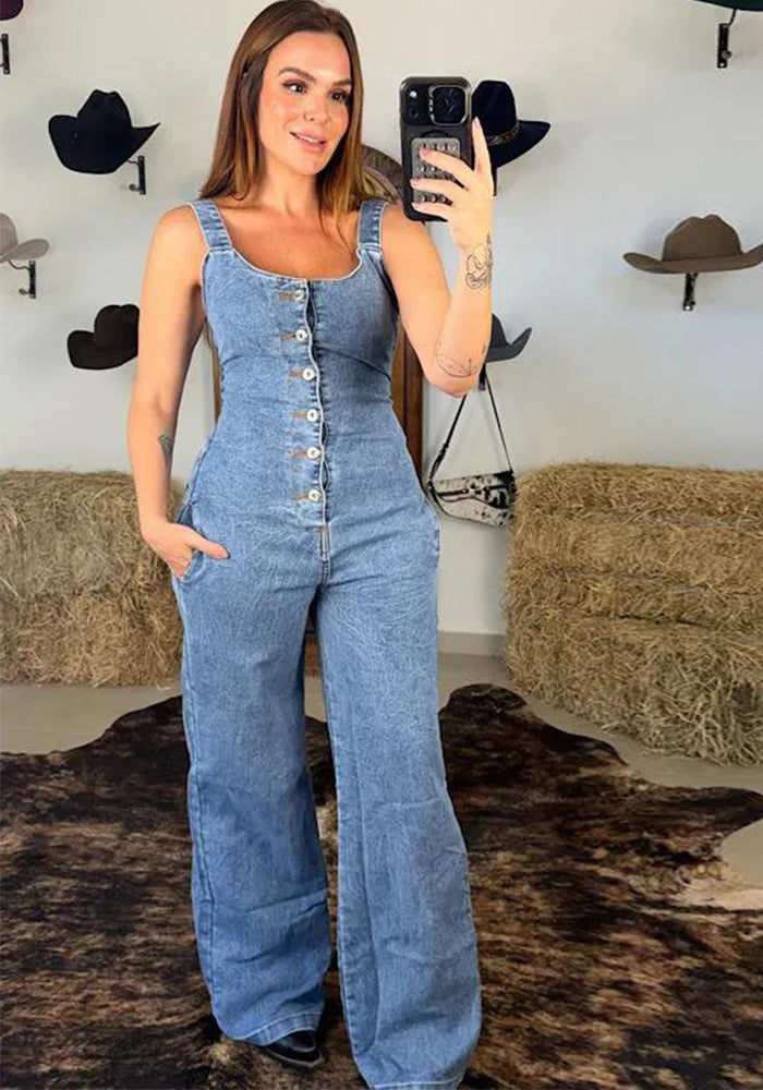 Denim Sling Wide-Leg Jumpsuit for Casual Streetwear