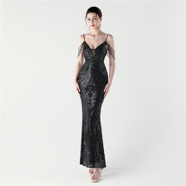 Sequin Beaded Fishtail Evening Dress Deep V Neck Formal Party Gown