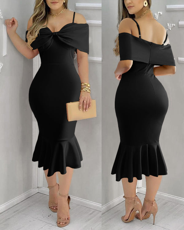 Red Bow Off-Shoulder Suspender Fishtail Dress for Formal Events