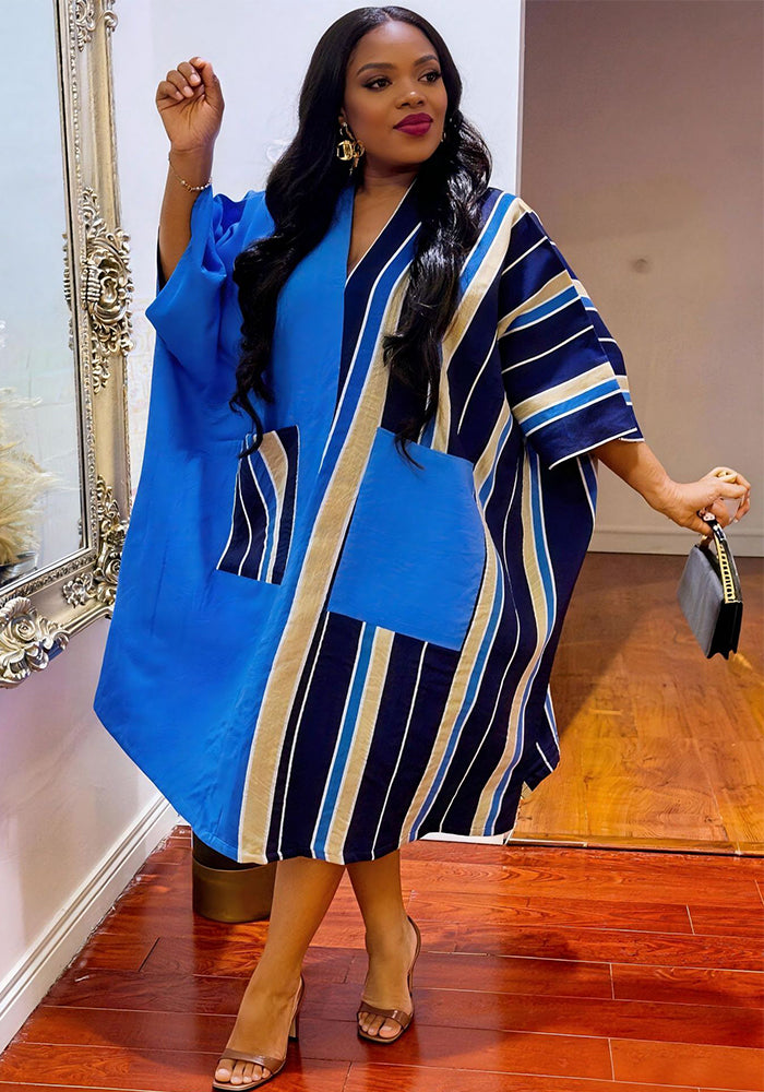 African Stripes V-Neck Bat Sleeve Satin Maxi Dress