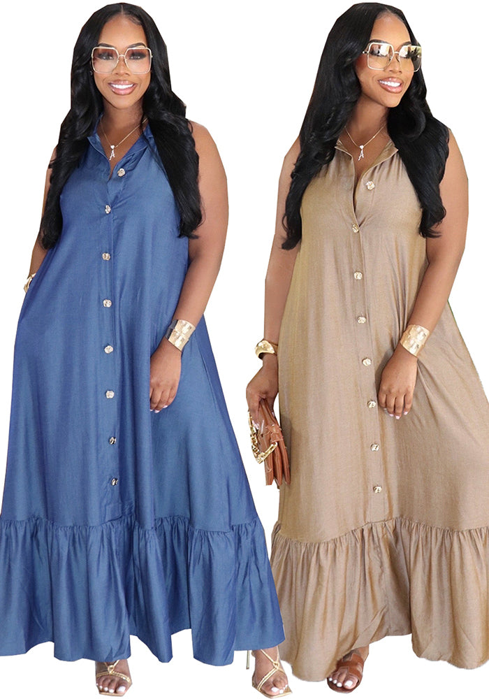 Sleeveless Ruffle Turndown Collar Dress for Summer Holidays