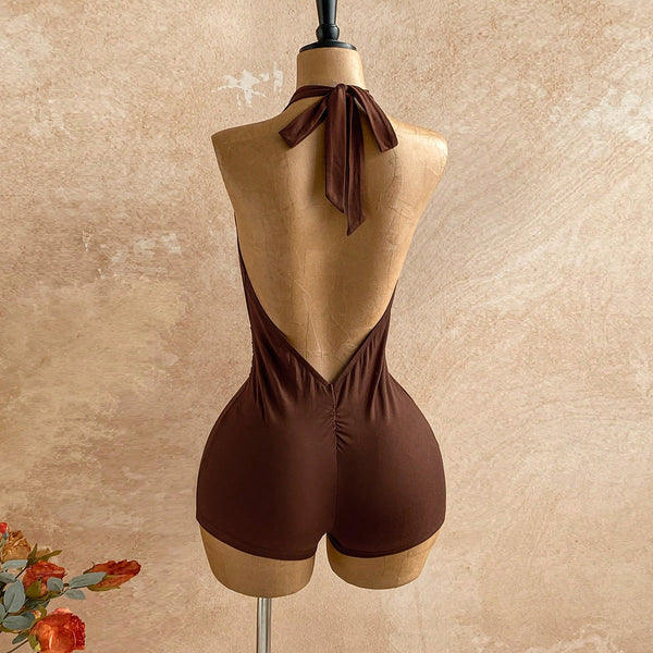Tropical Print Backless Metal Lace-Up Jumpsuit for Summer Holidays