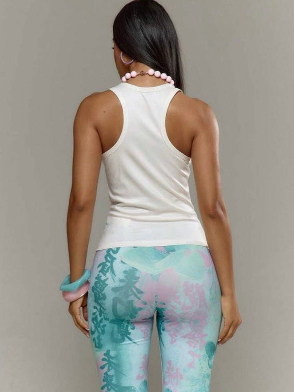 Character Print Square Neck Tank Top & Tie-Dye Floral Pants Set
