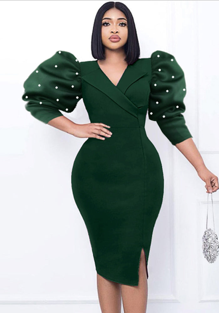Elegant Beaded Puff Sleeve Bodycon Dress for Evening Parties