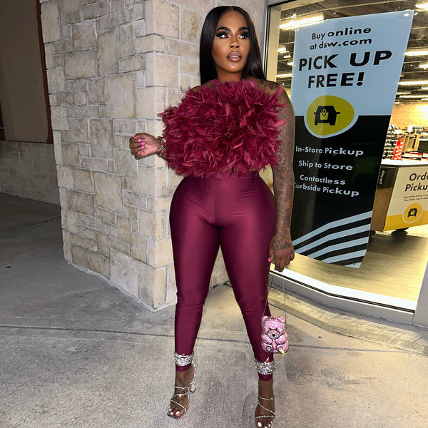 Feather Strapless Low Back Top & Elastic Pants Set for Spring & Summer Parties