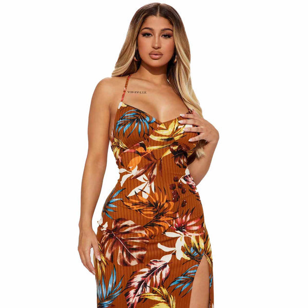 Women's Printed Strap Split Dress for Summer Vacations