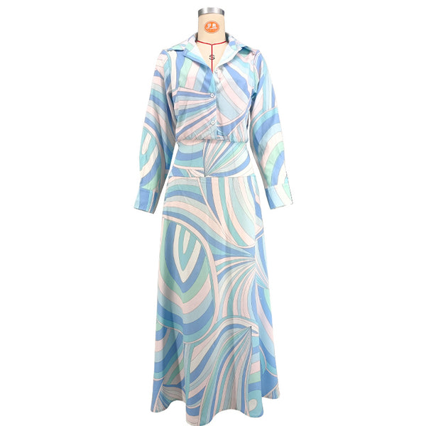 Printed Turndown Collar Long Sleeve Shirt Dress for Casual Wear