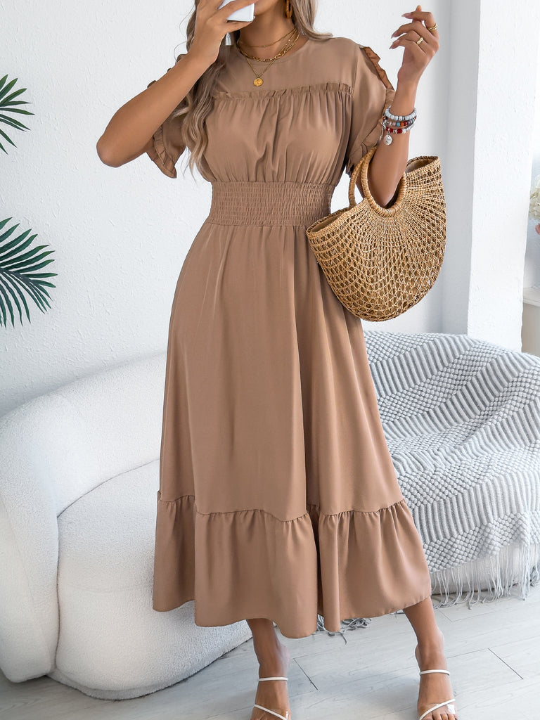 Women ruffle edge short-sleeved maxi dress