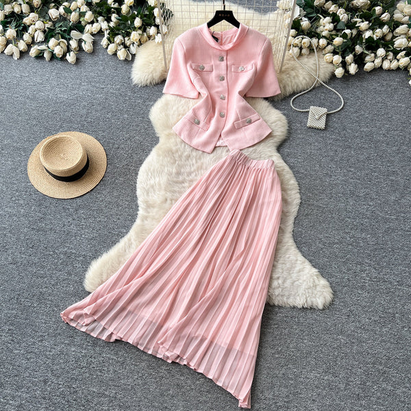 Stand Collar Short Sleeve Top & Pleated Skirt Set for Spring/Summer Career Wear