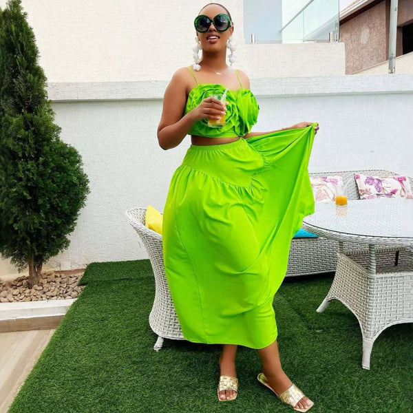 African Green Strapless Floral Crop Top & Skirt Set for Summer Events