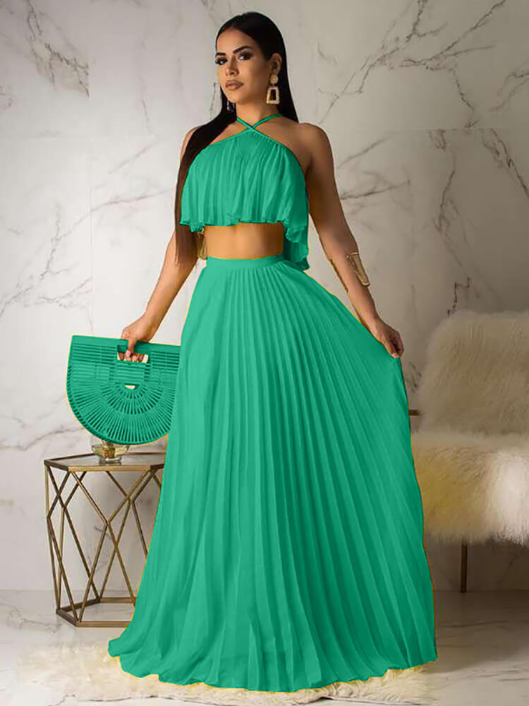 2 Piece Boho Off Shoulder Crop Top+Pleated Skirts Sets Tiynon