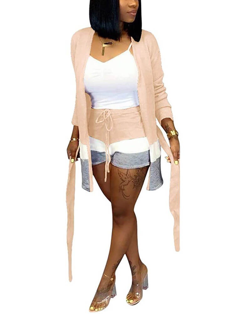 2 Piece Cashmere Long Sleeve Cardigan+Skinny Shorts Tiynon