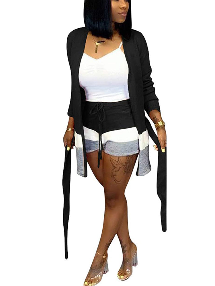 2 Piece Cashmere Long Sleeve Cardigan+Skinny Shorts Tiynon