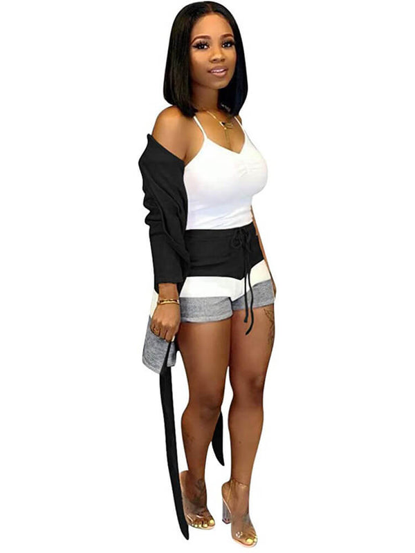 2 Piece Cashmere Long Sleeve Cardigan+Skinny Shorts Tiynon