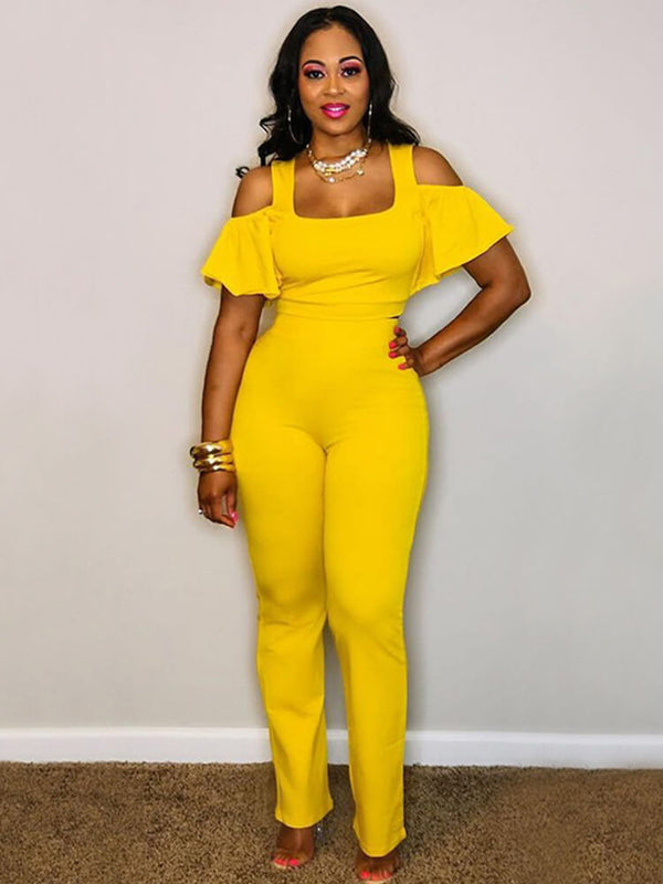 2 Piece Cold Shoulder Ruffle Sleeve Crop Top + Pants Sets Tiynon