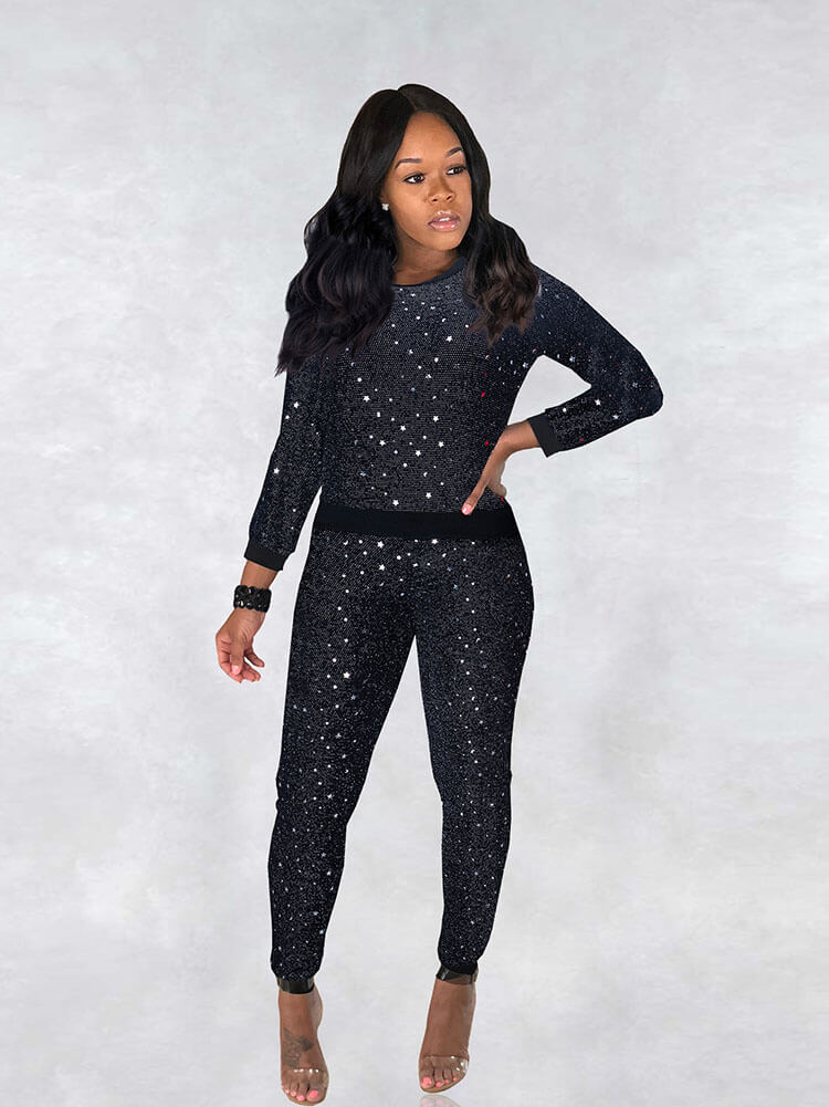 2 Piece Glitter Sequin Metallic Top+Pants Sets Tiynon