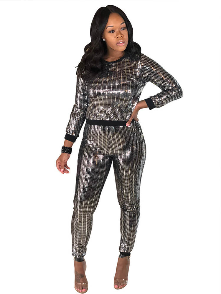 2 Piece Glitter Sequin Metallic Top+Pants Sets Tiynon