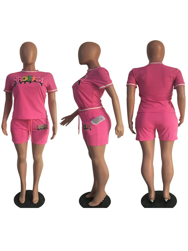 2 Piece Graffiti Short Sleeve Bodycon Shorts Sets Tiynon