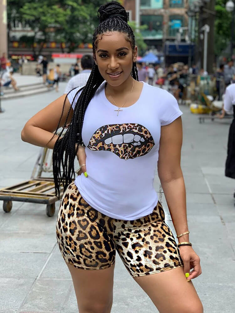 2 Piece Lip Sweatshirt+Leopard Biker Shorts Sets Tracksuits Tiynon