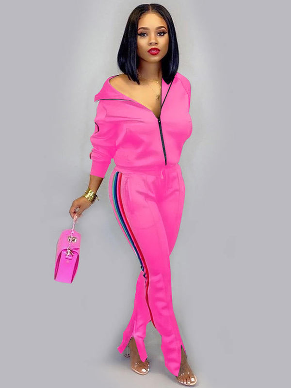 2 Piece Sideline Sweatshirt Jacket+Slit Flare Pants Tiynon