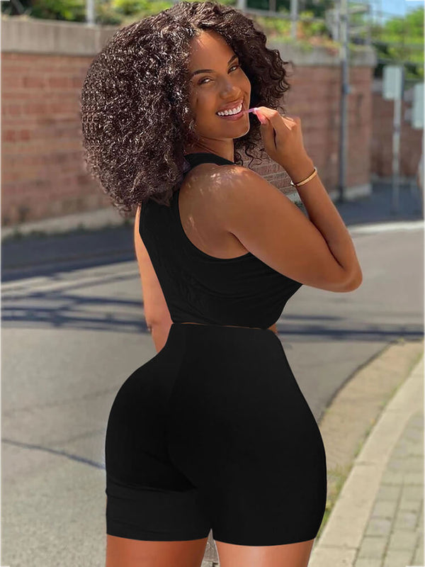 2 Piece Solid Color Sleeveless Crop Top + Short Set Tiynon