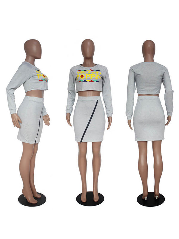 2 Pieces Black Pop Print Sweatshirt Top Mini Skirt Sets Tiynon