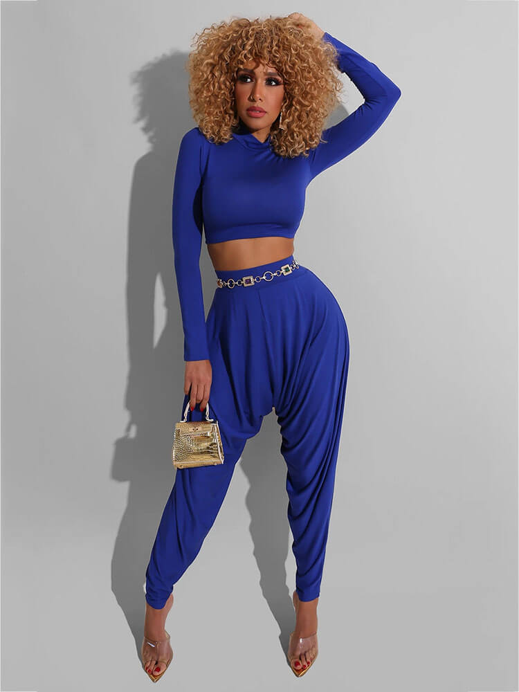 2 Pieces Long Sleeve Bodycon Crop Top+Harem Pants Sets Tiynon